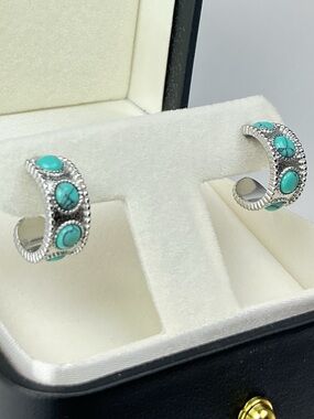 Antique Ancient Silver Turquoise Huggie Hoop Earrings |Boho Southwestern Style